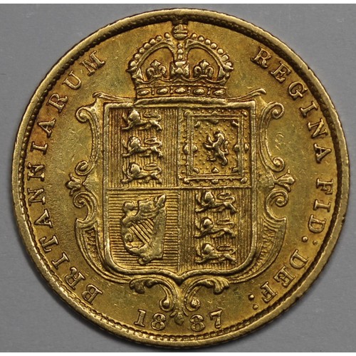 68 - 1887 Half Sovereign, Victoria JH. Dish L508, imperfect J in JEB. nVF.