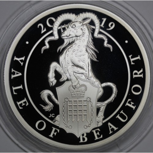 116 - 2019 Silver proof Queen's Beast Yale of Beaufort. Marks in the fields behind bust. In capsule, no bo... 