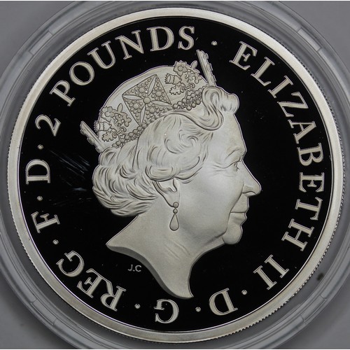 116 - 2019 Silver proof Queen's Beast Yale of Beaufort. Marks in the fields behind bust. In capsule, no bo... 