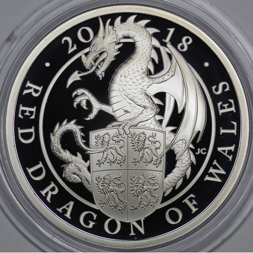 118 - 2018 Silver proof Queen's Beast Red Dragon of Wales. Some surface dust and tiny spot behind neck. In... 