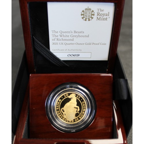 88 - 2021 Gold Proof Queens Beast 1/4oz - The White Greyhound of Richmond. With COA, display box & ou... 