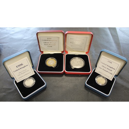 143 - Silver Proof issues (4) comprising 1996 & 1998 £1 coins, 1998 Technology £2 & 1996 70th Birt... 