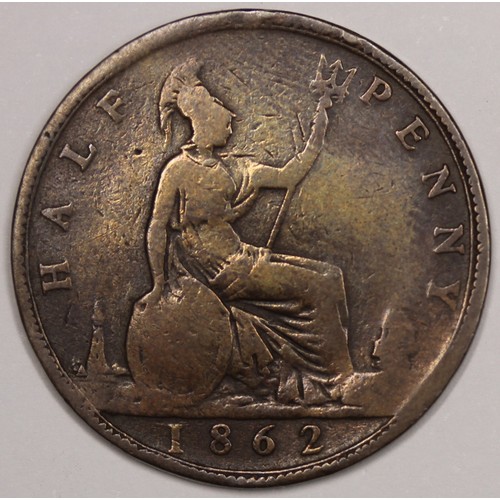 17 - 1862 Half Penny, Victoria. Die letter A to left of lighthouse (Freeman 290A). Fair and with a very s... 