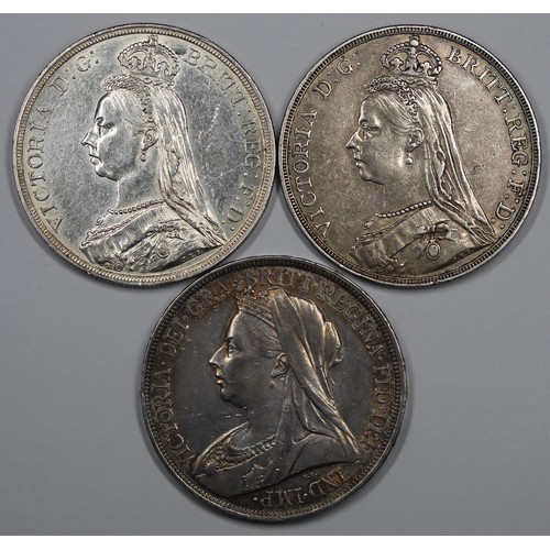 239 - Victorian Crowns (3) comprising 1887. 1889 & 1897 (LXI Edge). The first cleaned otherwise gEF, t... 