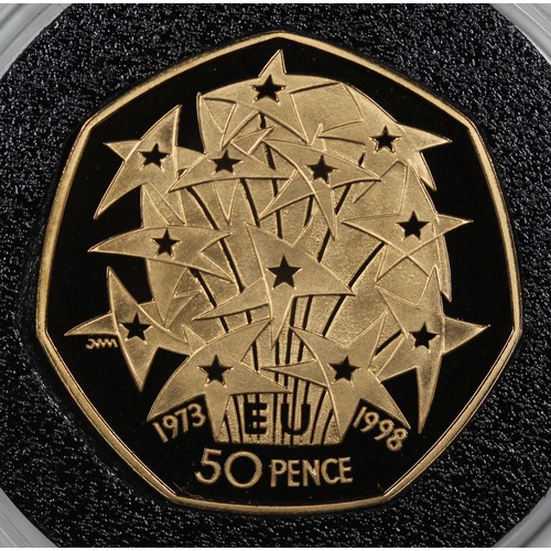 93 - 1998 Gold proof 50p commemorating the 25th anniversary of the EEC. A small mark by 8 of date otherwi... 