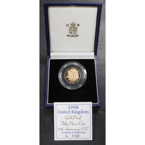 93 - 1998 Gold proof 50p commemorating the 25th anniversary of the EEC. A small mark by 8 of date otherwi... 