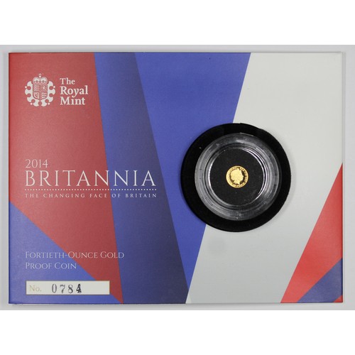 90 - 2014 1/40oz Proof Gold Britannia in capsule within presentation pack. Spot to reverse may be conserv... 