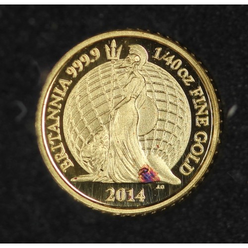 90 - 2014 1/40oz Proof Gold Britannia in capsule within presentation pack. Spot to reverse may be conserv... 