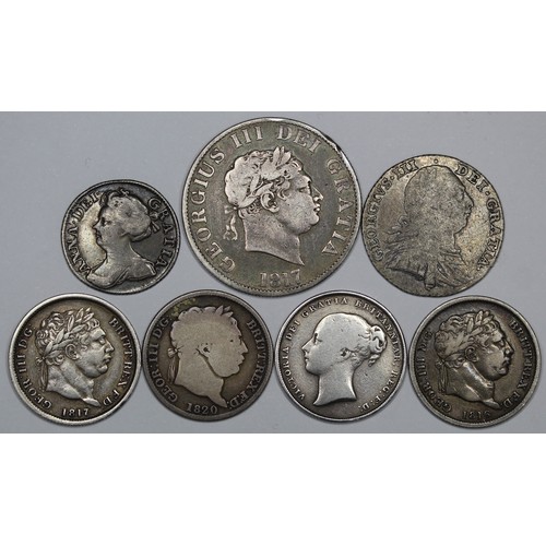 237 - Pre 1920 silver comprising sixpence (1711), shillings (1787 no hearts, 1816, 1817, 1820 & 1852) ... 