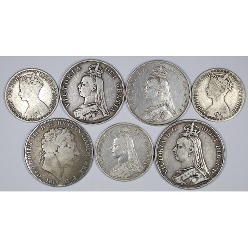 238 - Pre-1920 silver comprising 1818 crown (LIX, small high 2nd 8 in date), 1890 crown, 1887 double flori... 