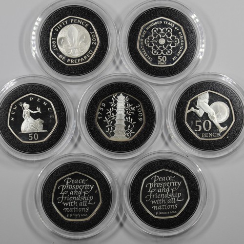 146 - Silver proof 50p coins (7) comprising a 2019 Culture set with Kew Gardens issue. Additionally 2 x 