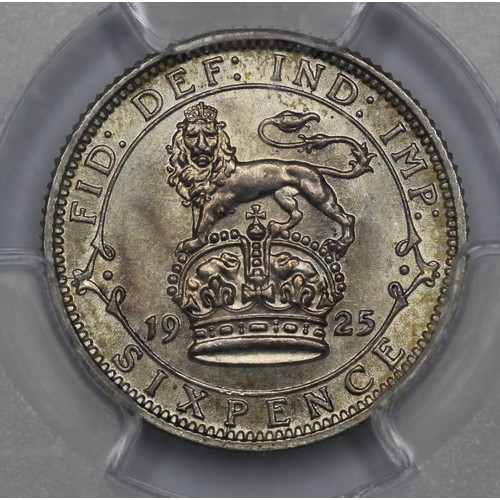 33 - 1925 Sixpence, George V, wide rim. Graded PCGS MS64 with vibrant lustre.