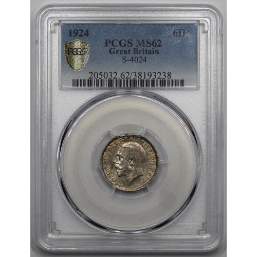 32 - 1924 Sixpence, George V. Graded PCGS MS62. A strong strike and perhaps seeming a little under graded... 