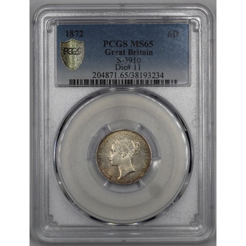 28 - 1872 Sixpence, Victoria. Graded PCGS MS65 (Die #11). A stunning example with golden red toning. Only... 