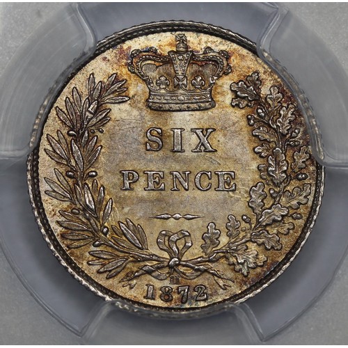 28 - 1872 Sixpence, Victoria. Graded PCGS MS65 (Die #11). A stunning example with golden red toning. Only... 