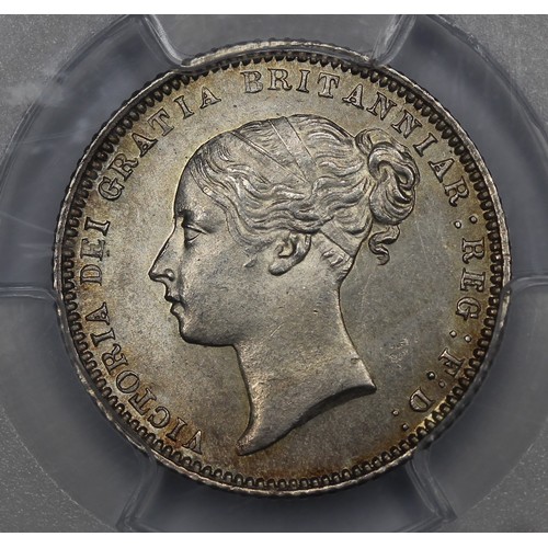 28 - 1872 Sixpence, Victoria. Graded PCGS MS65 (Die #11). A stunning example with golden red toning. Only... 