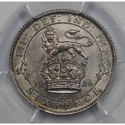 34 - 1926 Sixpence, George V, modified effigy. Graded PCGS MS66. Only 3 at this level across both graders... 