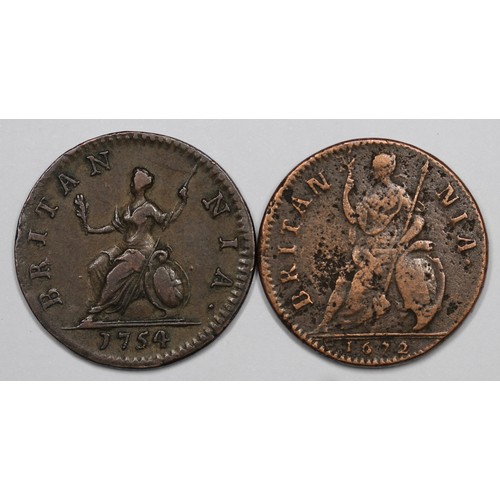 14 - 1672 & 1754 Farthings, Charles I & George II. The first with pitted surfaces but clear date ... 