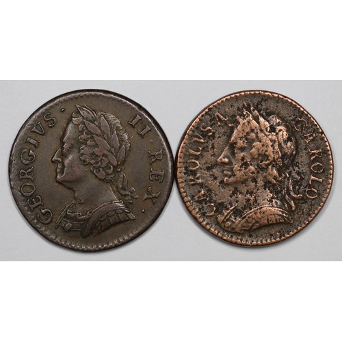 14 - 1672 & 1754 Farthings, Charles I & George II. The first with pitted surfaces but clear date ... 