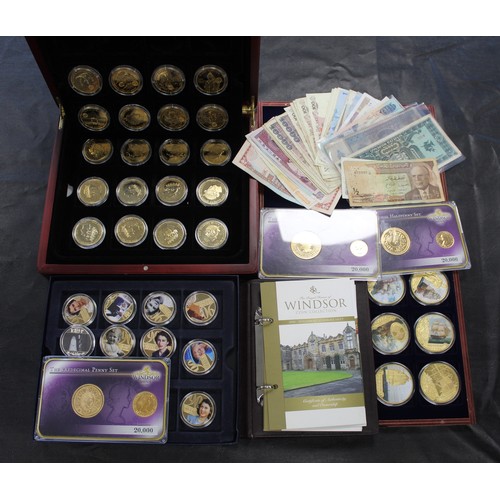 291 - An assortment of numismatic items including a set of 6 24ct gold plated medals commemorating the 250... 