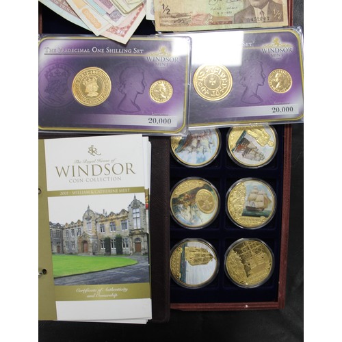 291 - An assortment of numismatic items including a set of 6 24ct gold plated medals commemorating the 250... 