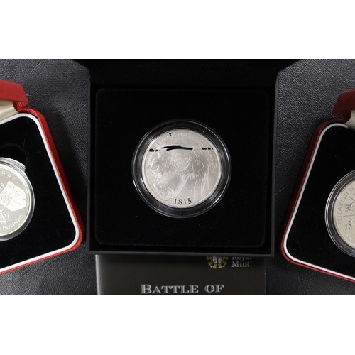 142 - Silver proof £5 assortment (3) comprising 2015 Battle of Waterloo, 1997 Golden Wedding & 1... 