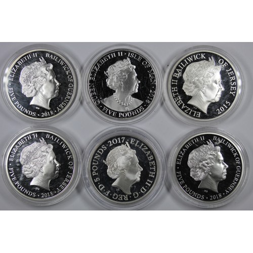 216 - Silver proof Poppy related £5 coins (6) from Jersey, Guernsey, Isle of Man and a UK issue. All... 