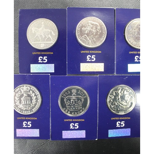 183 - BUNC £5 Coins (9) comprising 1997, 2002, 2007, 2012, 2015, 2016, 2017 House of Windsor, 2017 King Ca... 