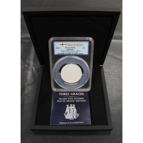 107 - 2020 Alderney Three Graces 2oz matt proof £5. Graded PCGS PR70 in 