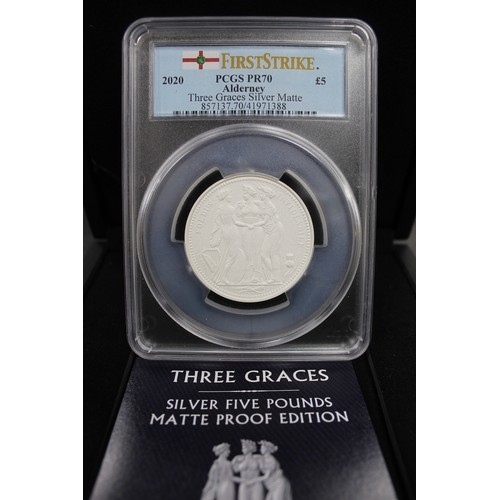 107 - 2020 Alderney Three Graces 2oz matt proof £5. Graded PCGS PR70 in 