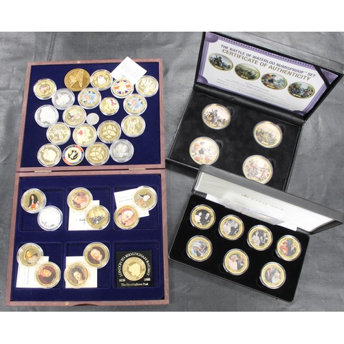 288 - A collection of over 40 generally gold plated medals featuring a variety of interests including Roya... 