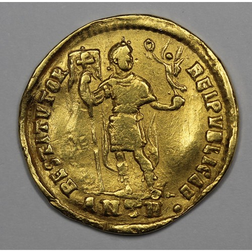 2 - Roman Valentinian I gold solidus. Obv. bust facing right, rev. RESTITVTOR REIPVBLICAE, emperor holdi... 