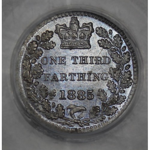 12 - 1885 Third Farthing. Peck 1937. CGS Graded 82. With iridescent almost proof like fields.