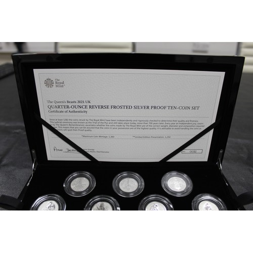 112 - Queens Beasts 2021 1/4oz silver reverse proof ten coin set. A superb set with a very low COA of #32 ... 