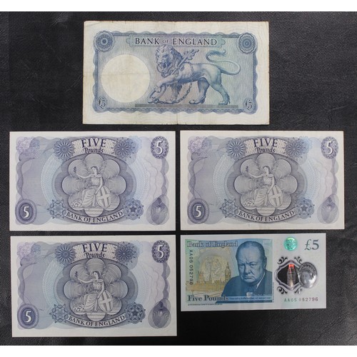 225 - £5 Banknote assortment including O'Brien Lion and Key B277 Prefix A70, Page B297 (55C), Hollom B297 ... 