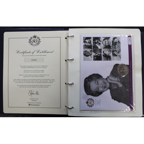 286 - An extensive collection of coin FDC's commemorating the 80th birthday of HM The Queen. Set in four f... 