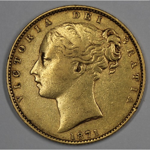 72 - 1871-S Sovereign, Victoria. Shield back, Sydney mint. gFine/nVF.