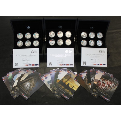 The London 2012 Silver Proof Celebration of Britain Collection featuring Mind, Body & Spirit £5 6-coin sets. The sets represent the "Best of British" and feature iconic landmarks, persons and traditions we love. A truly superb addition to any numismatic collection and complete with official boxes, set certificates and individual certificates for each coin.