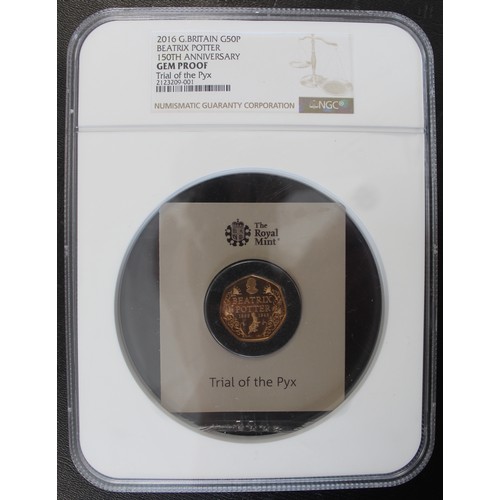2016 Trial of the Pyx gold proof Beatrix Potter 50p in NGC oversize holder designated Gem Proof. The Trial of the Pyx is an ancient and annual ceremony that tests the integrity of the coins struck by the Royal Mint to include, size, weight, composition etc. Just 8 of this type of coin were returned from the process and includes full literature of the ceremony as well as a signed COA.
