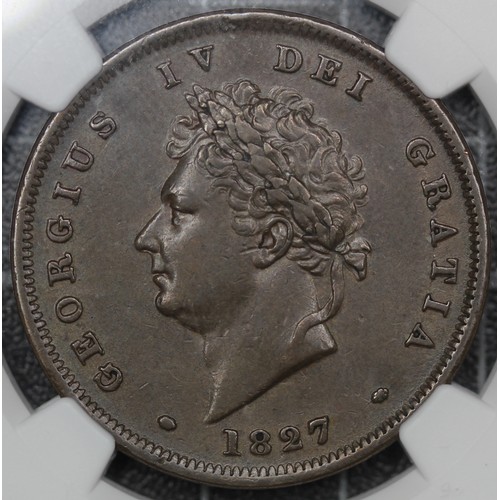 113 - 1827 Penny, George IV (Peck 1480, S.3823). Graded AU55BN, gVF/aEF, and presented in a Coinery Collec... 