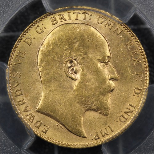 36 - 1909 Sovereign, Edward VII (S.3969). Graded PCGS MS62, gEF with original mint colour through the dev... 