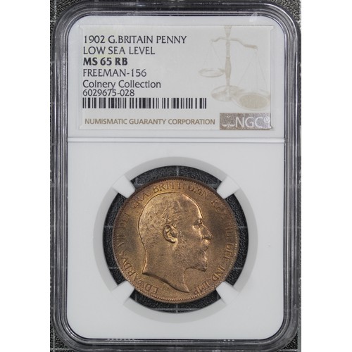 121 - 1902 Penny, Low Tide, Edward VII (Freeman 156, S.3990A). Graded NGC MS65RB and presented in a Coiner... 