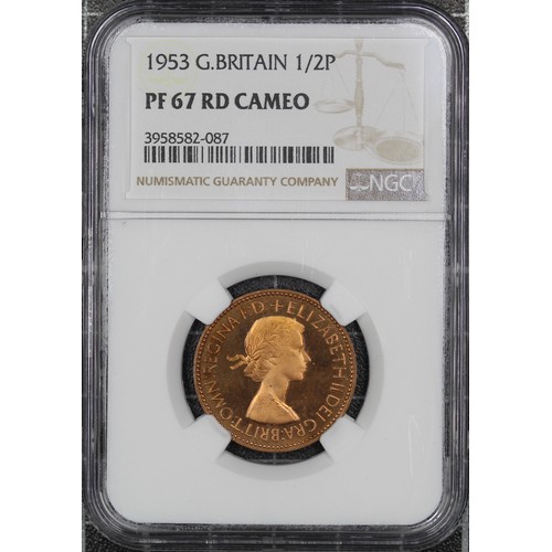 149 - 1953 Proof Half Penny, Elizabeth II (Freeman 456A, Dies 2+B, S.PS19 (Part)). Graded NGC PF67RD Cameo... 