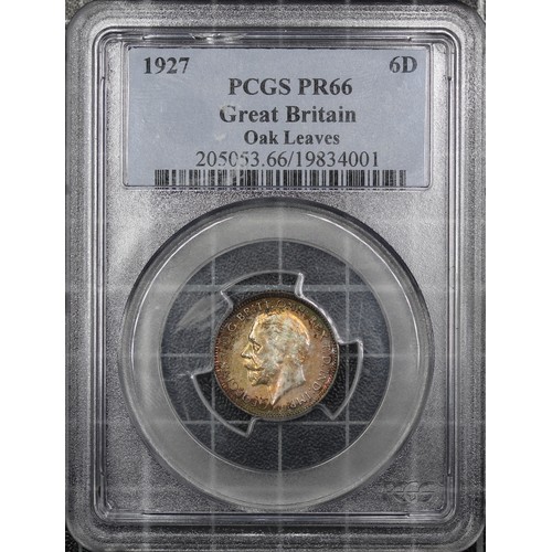 109 - 1927 Proof Sixpence, George V (ESC 1816, Bull 3898, S.4040). Graded PCGS PR66, nFDC, with iridescent... 