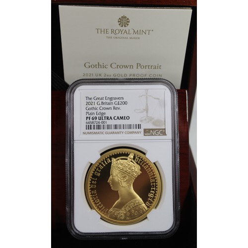 23 - Plain Edge 2021 2oz Gold Proof Gothic Crown Portrait. Graded NGC PF69 Ultra Cameo complete with case... 