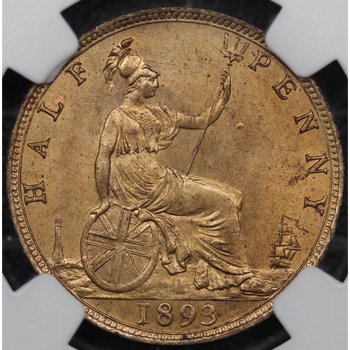 147 - 1893 Half Penny, Victoria (Freeman 349, 17+S, S.3956). Graded NGC MS65RB, uncirculated with full min... 