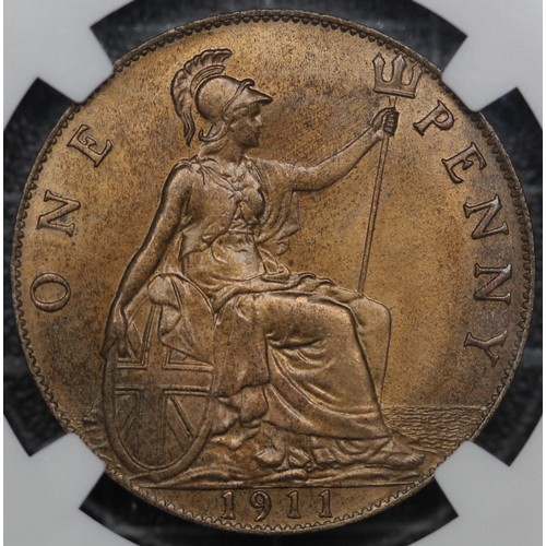 124 - 1911 Penny, George V (Freeman 171, S.4051). Graded NGC MS64RB, uncirculated, with a notably sharp st... 