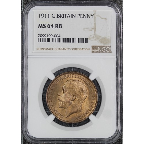 124 - 1911 Penny, George V (Freeman 171, S.4051). Graded NGC MS64RB, uncirculated, with a notably sharp st... 