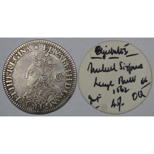 1068 - Elizabeth I (1558-1603) Milled Sixpence, 1562, mm. star. Large broad bust with elaborately decorated... 