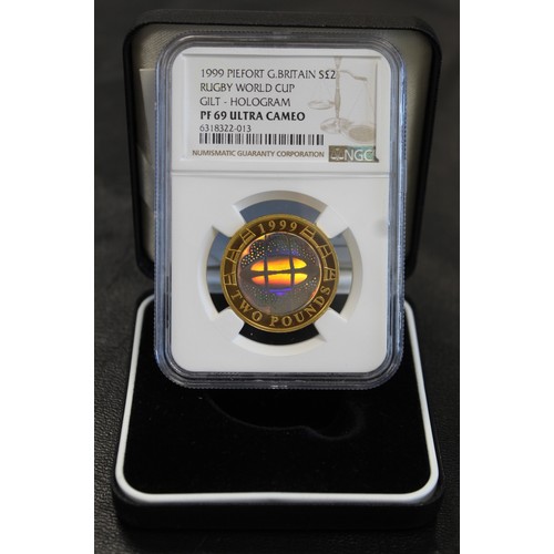 2142 - 1999 Silver proof piedfort £2 with holographic finish struck for the Rugby World Cup. Graded NGC PF6... 